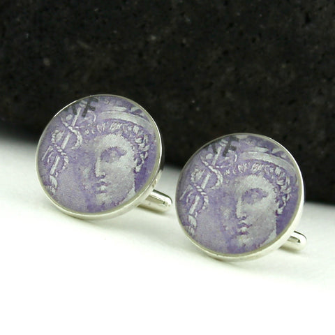 Doctor Sterling Silver Cufflinks (Cuff Links) - Mercury Holding Caduceus - France 1930s