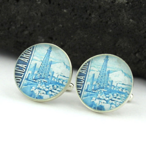 Oil Man Cufflinks - Vintage Postage Stamp Sterling Silver Cufflinks (Cuff Links) - Oil Rig