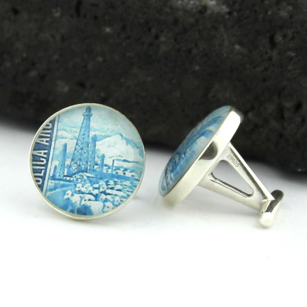 Oil Man Cufflinks - Vintage Postage Stamp Sterling Silver Cufflinks (Cuff Links) - Oil Rig