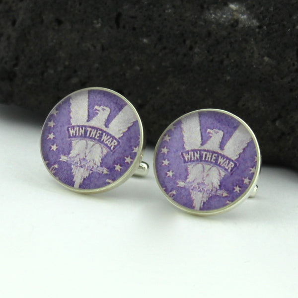 World War II Victory Cufflinks - Postage Stamp Sterling Silver Cufflinks (Purple Cuff Links)