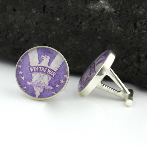 World War II Victory Cufflinks - Postage Stamp Sterling Silver Cufflinks (Purple Cuff Links)