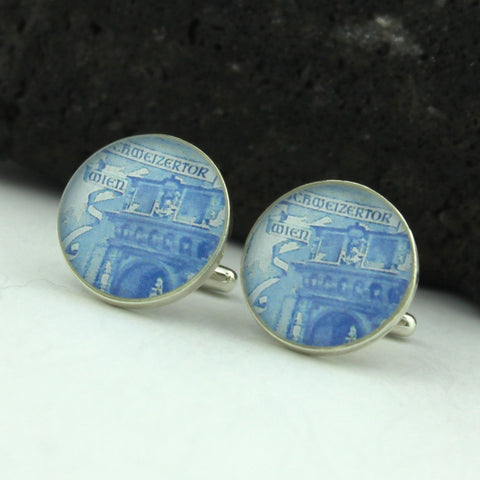 Vienna Sterling Silver Cufflinks - Austrian Vintage Postage Stamp Cufflinks (Cuff Links) - Wein Schweizer Gate