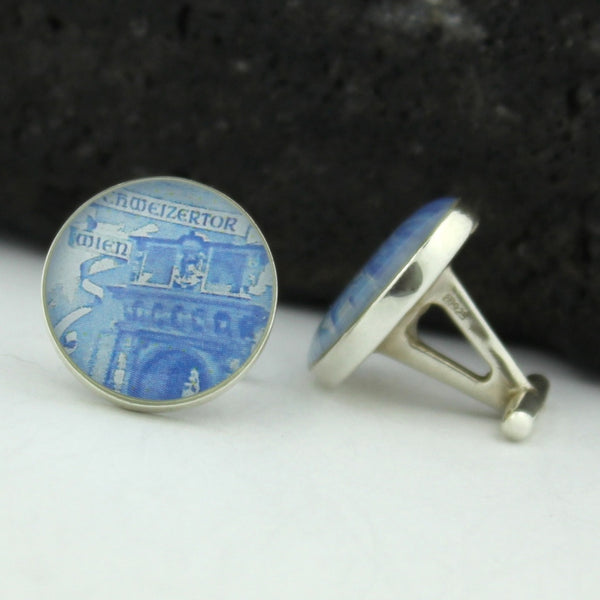 Vienna Sterling Silver Cufflinks - Austrian Vintage Postage Stamp Cufflinks (Cuff Links) - Wein Schweizer Gate