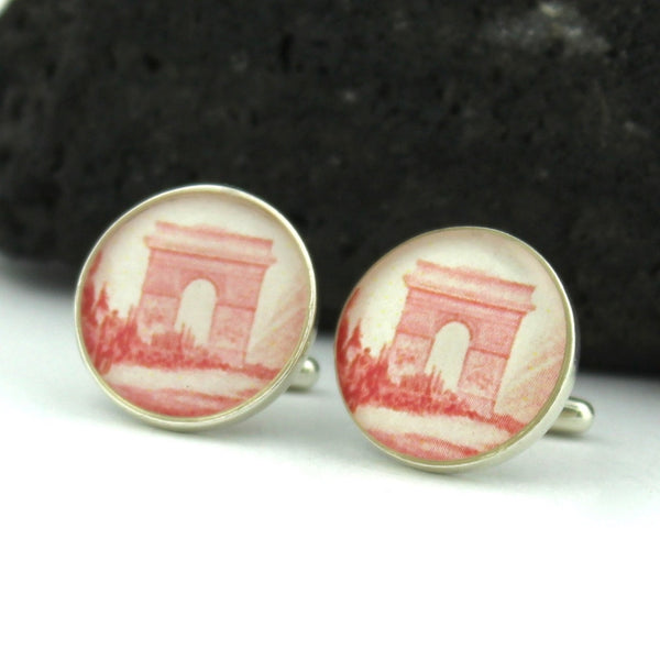 Paris Sterling Silver Cufflinks - Vintage French Postage Stamp Cufflinks (Cuff Links) - Arch de Triomphe Paris France