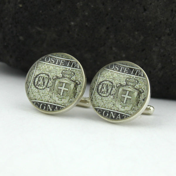 Italy Sterling Silver Cufflinks - Vintage Italian Postage Stamp Sterling Silver Cufflinks (Cuff Links) - Italy