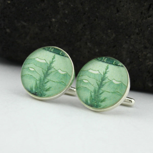 Green Tree and Volcanos Sterling Silver Cufflinks - Vintage Postage Stamp Handmade Cufflinks