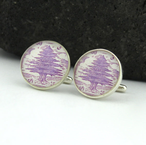 Lebanon Sterling Silver Cufflinks, Vintage Lebanese Postage Stamp Handmade Cufflinks, Cedar of Lebanon Purple