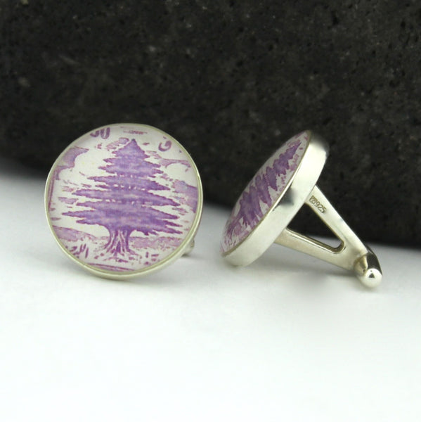 Lebanon Sterling Silver Cufflinks, Vintage Lebanese Postage Stamp Handmade Cufflinks, Cedar of Lebanon Purple