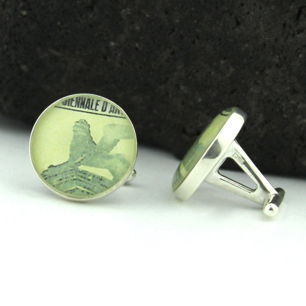 Venice Sterling Silver Cufflinks - Vintage Italian Postage Stamp Cufflinks (Cuff Links) - Italy Venice Lion