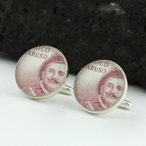 Opera Sterling Silver Cufflinks - Vintage Italian Postage Stamp Cufflinks (Cuff Links) - Italy Enrico Caruso