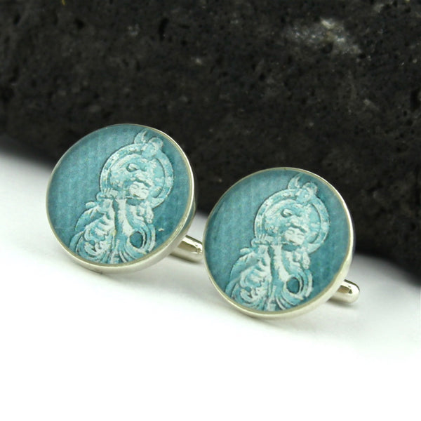Buddha Sterling Silver Cufflinks - Onjo Basatsu Cufflinks - Vintage Japanese Postage Stamp Handmade Cufflinks