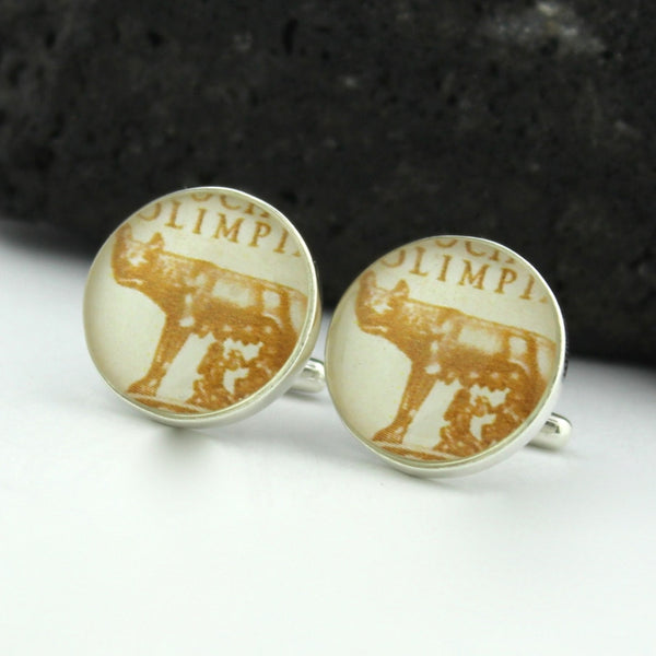 Sterling Silver Rome Cufflinks - Vintage Italian Postage Stamp Cufflinks (Cuff Links) - Italy Roman Wolf