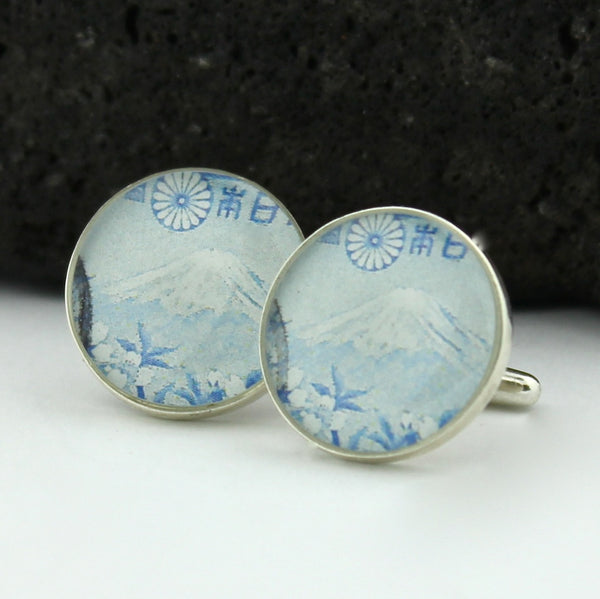 Mount Fuji Sterling Silver Cufflinks - Vintage Japanese Postage Stamp Handmade Cufflinks