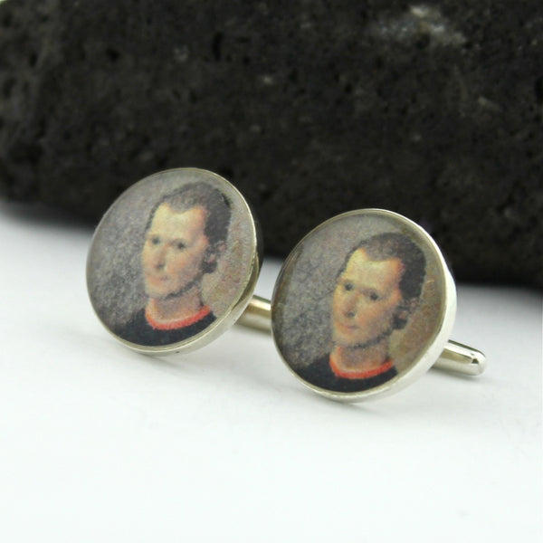 Niccolo Machiavelli Sterling Silver Cufflinks - Vintage Italian Postage Stamp Cufflinks (Cuff Links) - Italy