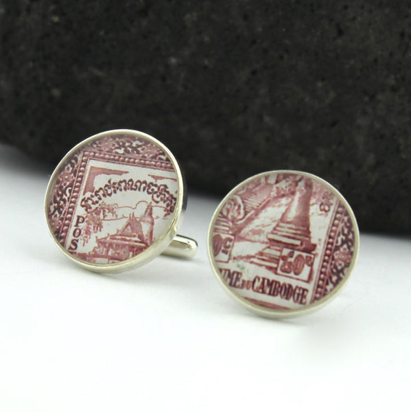 Sterling Silver Cambodia Cufflinks - Vintage Postage Stamp Cufflinks (Angkor Wat Cuff Links)