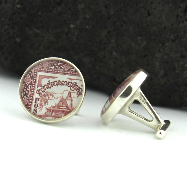Sterling Silver Cambodia Cufflinks - Vintage Postage Stamp Cufflinks (Angkor Wat Cuff Links)