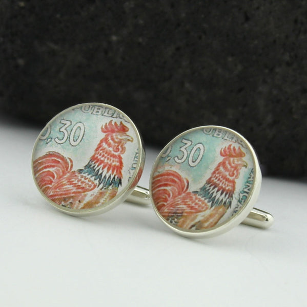 Rooster Sterling Silver Cufflinks - Vintage French Postage Stamp Cufflinks (Cuff Links)