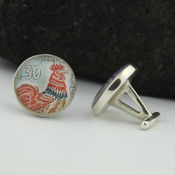 Rooster Sterling Silver Cufflinks - Vintage French Postage Stamp Cufflinks (Cuff Links)