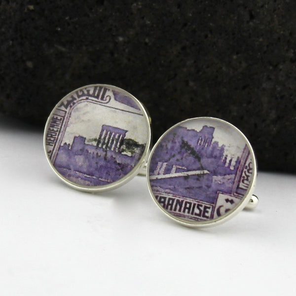 Lebanon Sterling Silver Cufflinks - Lebanese Vintage Postage Stamp Handmade Cufflinks - Baalbeck (Baalbek)