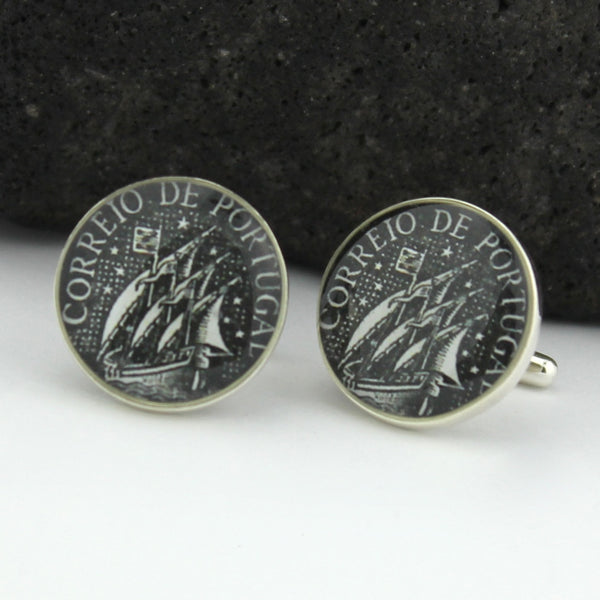 Caravel Sterling Silver Cufflinks - Portugal Vintage Postage Stamp Cufflinks (Cuff Links) - Portuguese Sail boat