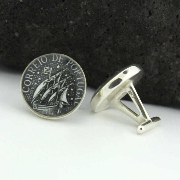 Caravel Sterling Silver Cufflinks - Portugal Vintage Postage Stamp Cufflinks (Cuff Links) - Portuguese Sail boat