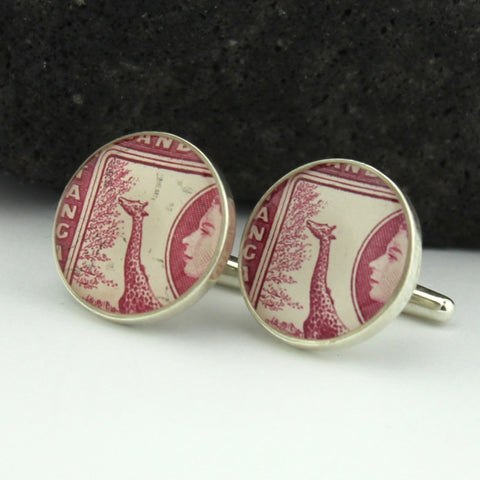 Giraffe Sterling Silver Cufflinks - Vintage British East Africa Postage Stamp Cufflinks (Cuff Links)