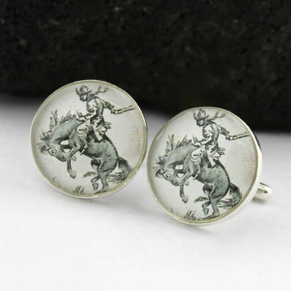 Cowboy Sterling Silver Cufflinks - Uruguay Postage Stamp Cufflinks (Cuff Links)