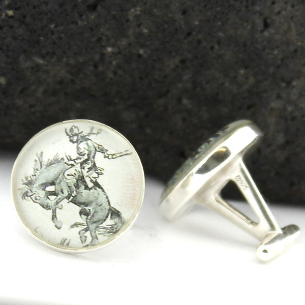 Cowboy Sterling Silver Cufflinks - Uruguay Postage Stamp Cufflinks (Cuff Links)