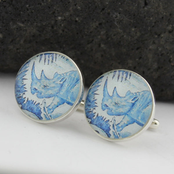Rhino Sterling Silver Cufflinks - French Equatorial Africa Postage Stamp Cufflinks (Cuff Links)