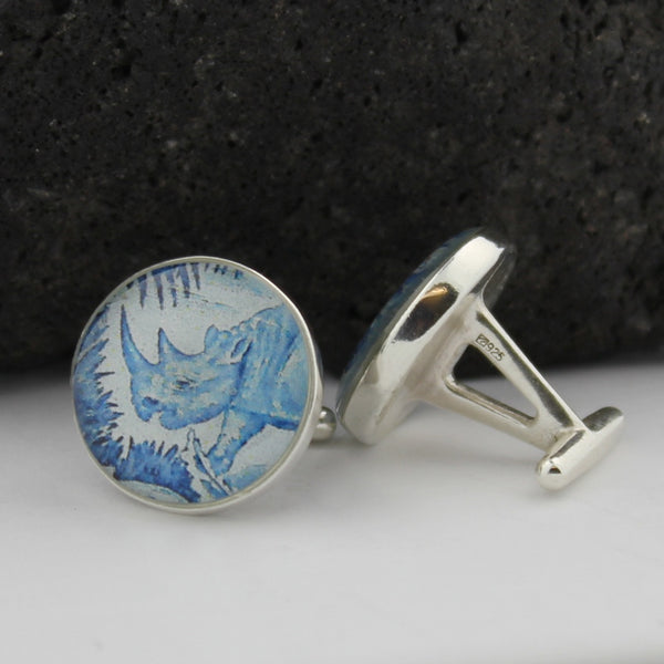 Rhino Sterling Silver Cufflinks - French Equatorial Africa Postage Stamp Cufflinks (Cuff Links)