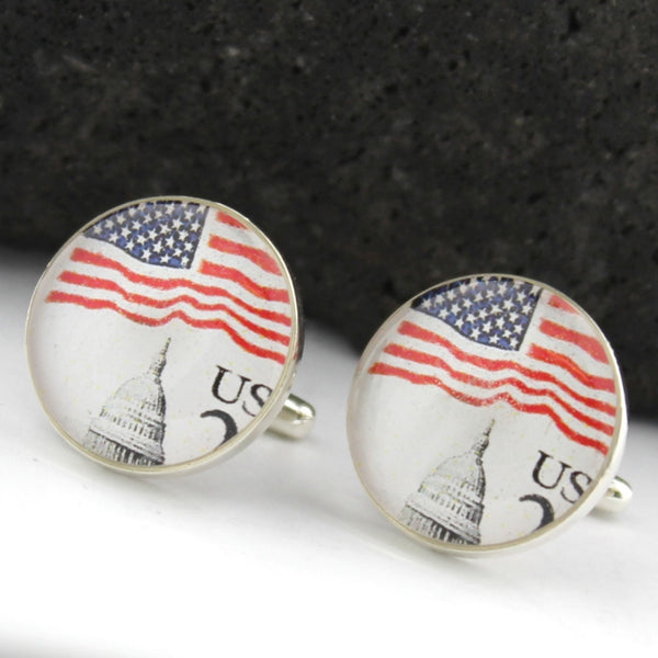 Washington DC Sterling Silver Cufflinks - U.S. Postage Stamp Cufflinks (Cuff Links) - Capitol - U.S. Flag Cufflinks