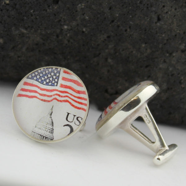 Washington DC Sterling Silver Cufflinks - U.S. Postage Stamp Cufflinks (Cuff Links) - Capitol - U.S. Flag Cufflinks